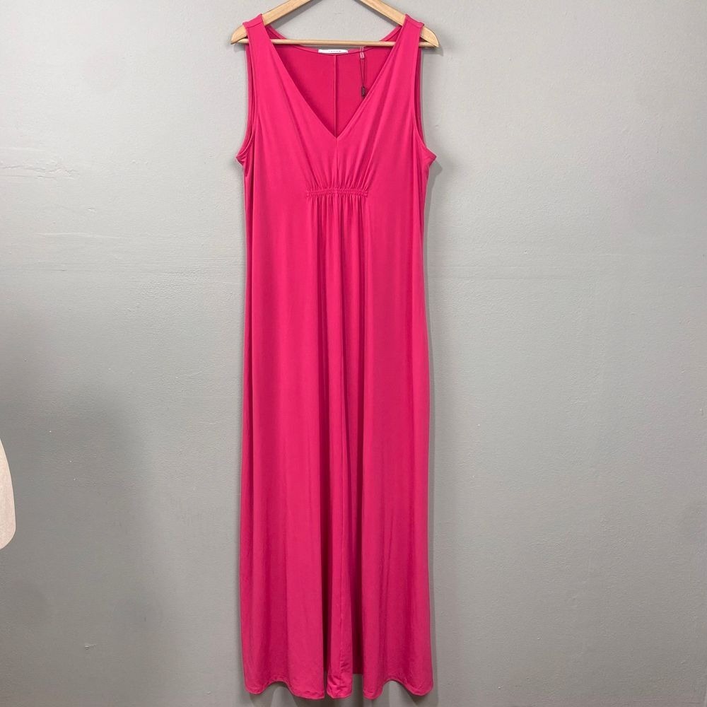 Tahari Hot Pink Maxi Dress Sz XL Jersey Empire Waist Barbiecore Minimalist Long‎